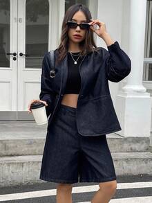 Livesso Women's Casual Notched Collar Double Pocket Denim Jacket And Denim Shorts Set, Autumn School - Blue - View 3