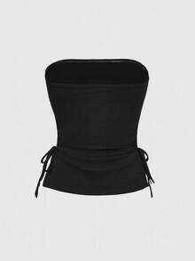 ROMWE J-Fashion Y2K十字铆钉水钻装饰黑色露脐无肩带抽绳开衩下摆女式韩流上衣 - 黑色 - 查看 2