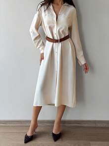 EURMUSE Linen Look, Pocket Details, Long Shirt Dresses - White - View 3