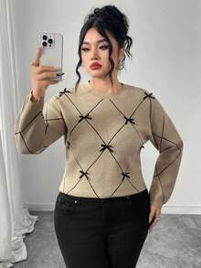 Modelyn 大码女式圆领撞色蝴蝶结装饰落肩休闲针织套头衫 - 卡其色 - 查看 3