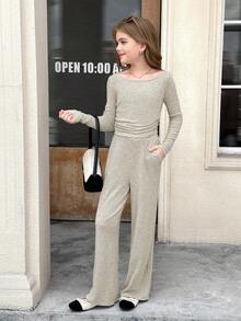 SHEIN 青少年女孩秋冬休闲时尚百搭罗纹露肩/露肩两用 T 恤上衣带口袋和直筒裤套装，适合周末、休闲外出、返校