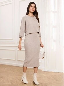 Miaspire Women's Bat Wing Crew Neck T-Shirt And Midi Pencil Skirt 2pcs Casual Outfit Set, Textured Fabric, Elegant For Work & Outings In Fall/Winter