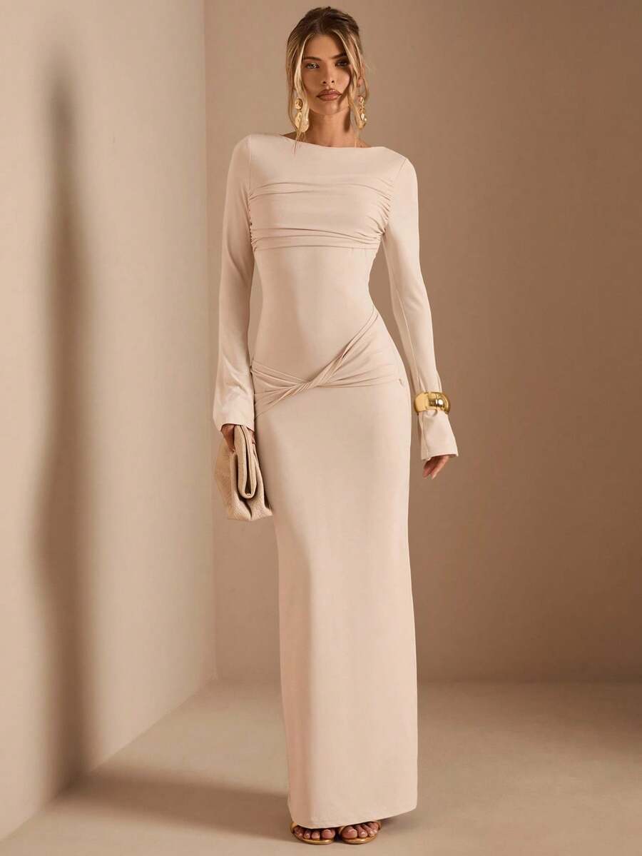 SHEIN BAE 杏色长袖针织褶皱腰部扭结下摆直筒连衣裙，优雅连衣裙，约会连衣裙，伴娘礼服，生日派对连衣裙，杏色连衣裙，秋冬叠穿连衣裙，婚礼宾客连衣裙，女士优雅连衣裙，棕色连衣裙，万圣节，圣诞节连衣裙 - 杏色 - 查看 1