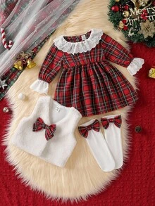 圣诞节 2 件套女婴甜美蝴蝶结毛绒背心 + 格子荷叶边连衣裙（含袜子）套装，时尚服装 - 紅色 - 查看 1
