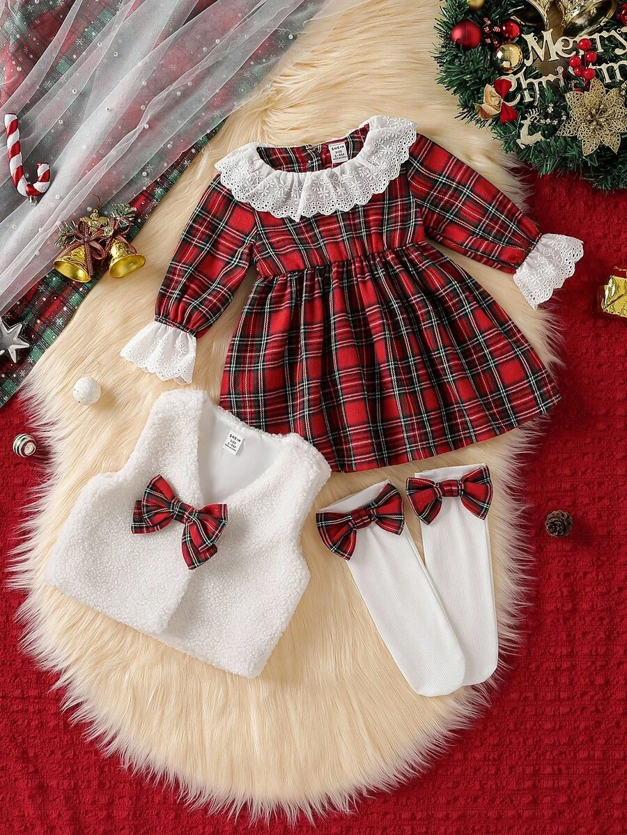 圣诞节 2 件套女婴甜美蝴蝶结毛绒背心 + 格子荷叶边连衣裙（含袜子）套装，时尚服装 - 紅色 - 查看 1