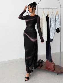 SHEIN 少女优雅弹力渐变色印花网眼褶饰长裙 - 彩色 - 查看 6