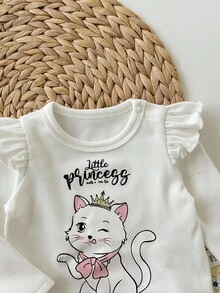 SHEIN 2pcs Newborn Baby Girl Outfit, Long Sleeve Knit White Ruffle Cute Cartoon Kitty Top And Pink Star Print Leggings Set, Suitable For Party, Home And Other Occasions Fall Winter - Yellow - View 4