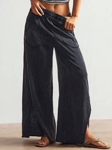 Bohemela Quần nỉ dệt kim rộng rãi màu trơn thường ngày dành cho nữ - màu đen - Xem 1