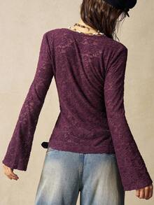 Bohemela 大码女式V领单排扣长袖褶皱时尚衬衫 - 紫色 - 查看 6