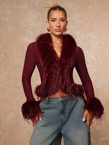 Lumalex Winterlicher Faux-Pelz Patchwork Kragen & Manschetten, transparente Mesh Taille Damen Top in Burgunderrot, Federn Kleid in Bordeauxrot, Luxus Abendkleid für Feiern, Partys, Hochzeiten, Urlaub, Weihnachten und Silvester - Bordeaux - Übersicht 4