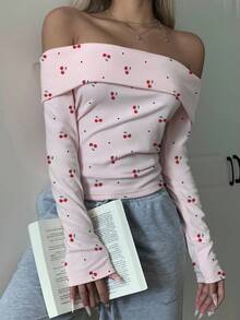 SHEIN EZwear 女式休闲简约樱桃心印花针织露肩紧身T恤 - 彩色 - 查看 5