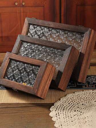 SHEIN 1个复古木质桌面收纳盒，珠宝/化妆品收纳盒，北欧风桌面杂物架（玻璃图案切割面不固定）女士夏季用品收纳整理礼品