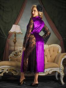 Velvet Contrast Lace Long Sleeve Waist Tie Women Sleepwear Robe - Purple - View 2