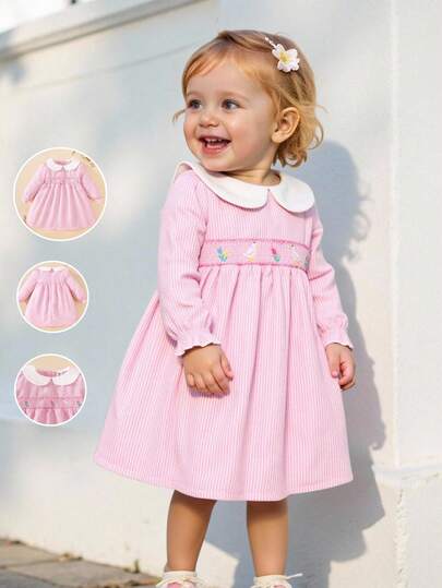 Souflis Souflis 3M-3Y Baby Girl Casual Loose Comfortable Long Sleeve Pink Dress, Featuring Duck & Floral Embroidery, White Contrast Peter Pan Collar, Bubble Sleeve, Striped Woven Fabric, Suitable For Spring, Summer, Autumn Occasions Like Outings, Parties, Photoshoots, School Fall Winter