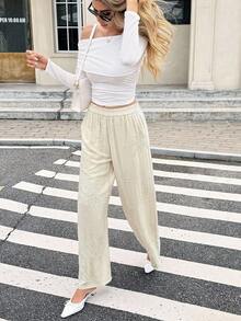 SHEIN Frenchy Women's Casual Khaki Apricot-Colored Slant-Pocket Textured Sequined Elastic Waist Pants For Everyday Casual And Party Wear - Apricot - View 4