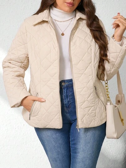 EMERY ROSE 大码女式短款夹克，腰部收紧 Polo 领，轻质棉质衬里，冬季