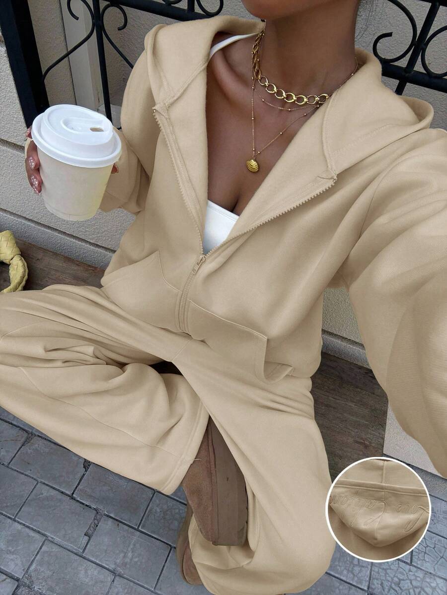 Muchica Women's Cream Yellow Casual Loose Sweatshirt Set, Autumn New Arrival Tan Outfit Women Neutral Clothes For Women