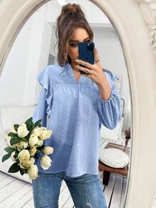SHEIN LUNE Swiss Dot Ruffle Trim Lantern Sleeve Notched Neck Blouse,Long Sleeve Tops Fall Cloth For Women - Baby Blue - View 5