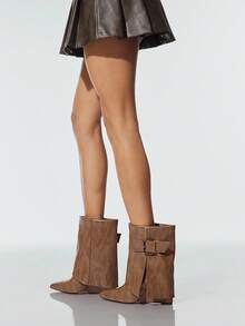 SHUZIA Botines de cuña con puntera puntiaguda, hebilla y doblez en el tobillo, glamorosos y sexys para mujer - Camel - Ver 2