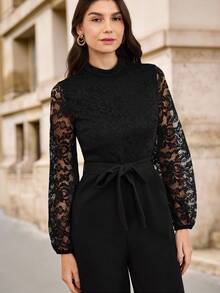 EMERY ROSE Women Jumpsuits Berikat Kontras Lace Zip Plain Anggun - Hitam - View 7