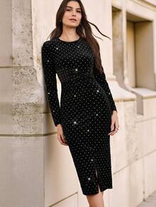 EMERY ROSE 女士黑色天鹅绒水晶缀饰修身中长连衣裙，秋冬长袖新年装黑色天鹅绒连衣裙圣诞派对女士连衣裙长款冬装新年前夜装新年装长袖连衣裙节日派对女士连衣裙闪光连衣裙女士连衣裙，波尔卡圆点连衣裙 - 黑色 - 查看 6