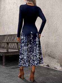 EMERY ROSE Vestido largo de manga larga con estampado floral para mujer, vestido floral azul marino, vestido de estampado floral azul, vestido midi de manga larga, vestido midi elegante con estampado floral para mujer, vestido elegante azul marino para mujer