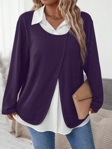 Plus Size Casual Color Block Patchwork Shirt