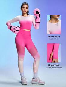 SHEIN Sovereign Charm Women's Ombre Round Neck Long Sleeve Sports T-Shirt - Pink - View 5