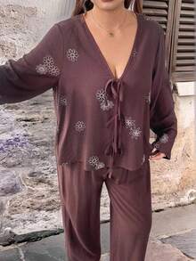 Modelyn 2pcs Plus Size Women Embroidered Lace Tie Front Long Sleeve Shirt And Pants Set Fall Cloth For Women