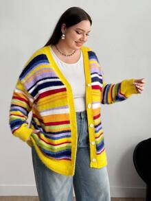 Enliva 大码女式长袖开衫，彩色条纹针织毛衣，秋冬女装 - 彩色 - 查看 3