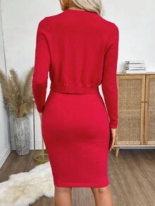 Bộ 2 món váy yếm trơn màu thanh lịch và áo khoác cardigan dành cho nữ - Đỏ - Xem 2