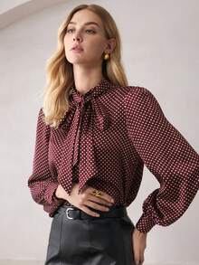 BizChic 女士棕色波尔卡圆点缎面系带长袖衬衫，都市通勤办公室商务休闲优雅正式衬衫 - 咖啡棕 - 查看 5