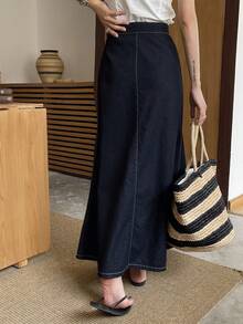 DAZY 女士系带腰身休闲长款牛仔裙 - 深色水洗藍 - 查看 6