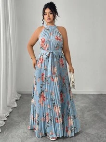 Elenzga Đầm maxi cổ yếm xếp ly họa tiết hoa lãng mạn, thanh lịch, quyến rũ cỡ lớn dành cho nữ - Màu xanh lam - Xem 4