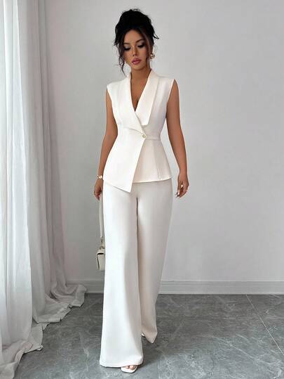 SHEIN PETITE 2 st. ärmlös kavaj med metallspänne och asymmetrisk fåll för kvinnor, elegant, kontors-, pendlings-, affärs-, casual-, vintage- och gatustil, mångsidig för Thanksgiving, eftermiddagste, fest, skolstart, vår/sommar/höst