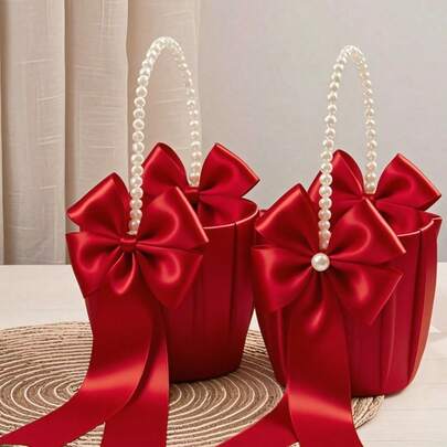 SHEIN 1PC Red Bow Faux Pearl Satin Flower Basket For Wedding Party Decoration New Year Gift Home Decor Bridal Bouquet Centerpiece