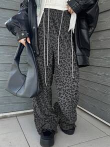 FRIFUL 女式宽松豹纹荷叶边下摆长裤，秋季 - 灰色 - 查看 3