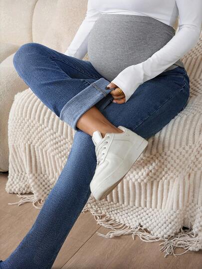 SHEIN Maternity Navy Blue Autumn Casual Everyday Thermal Lined Flare Jeans For Women,Stretch Denim Flared Pants With Ribbed High Waist Panel For Pregnancy
