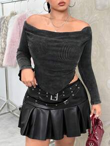 SHEIN EZwear Pull texturé côtelé grande taille, déchiré. Peut être porté avec un col asymétrique ou une épaule asymétrique. Top ajusté. - Noir - Voir 1