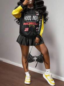 Slaydiva Women's Black Early Autumn Streetwear Everyday Back-To-School Baseball Jacket Retro Slogan Logo Printed Off-The-Shoulder Loose Long-Sleeved Jacket - Black - View 7