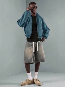 SUMWON 复古风拉链连帽衫，饰有醒目 Logo，宽松短款设计，拉链前襟套头衫，休闲秋冬必备街头风经典卫衣，纯色 - 墨綠色 - 查看 3