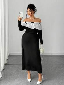 Elenzga Plus Size Women Elegant Fitted Off Shoulder Long Sleeve Patchwork White Bow Collar Dress, Autumn/Winter - Black - View 1