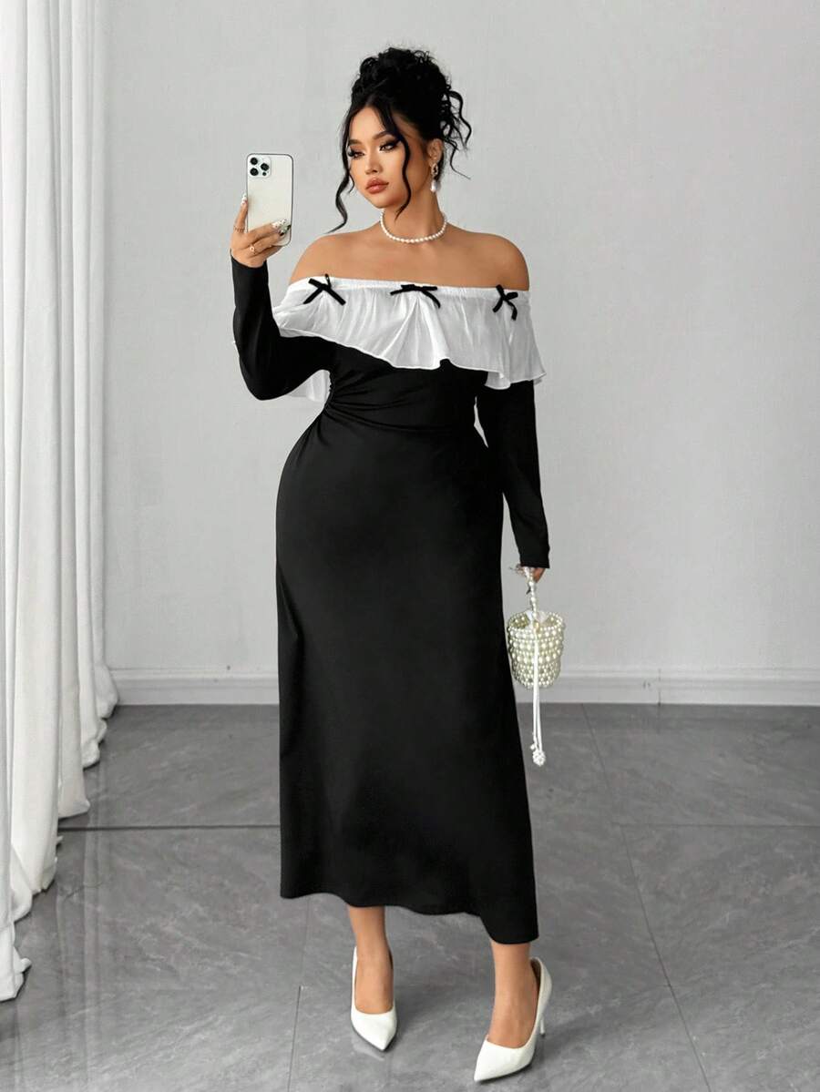 Elenzga Plus Size Women Elegant Fitted Off Shoulder Long Sleeve Patchwork White Bow Collar Dress, Autumn/Winter - Black - View 1