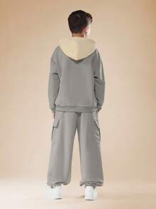 SUMWON Zweiteiler aus Hoodie-Sweatshirt und Cargo-Jogginghose mit Farbblockdesign, Kordelzug in der Taille, weites Bein, Streetstyle, lässige Herbst-/Wintermode - Grau - Übersicht 2