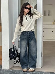 Dazy Kids Tween 女童休闲破洞喇叭牛仔裤 - 深色水洗藍 - 查看 2