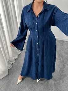 Modelyn Navy Blue Pleated Collar Open Front Batwing Long Sleeve Colorblock Dress, Plus Size - Blue - View 5