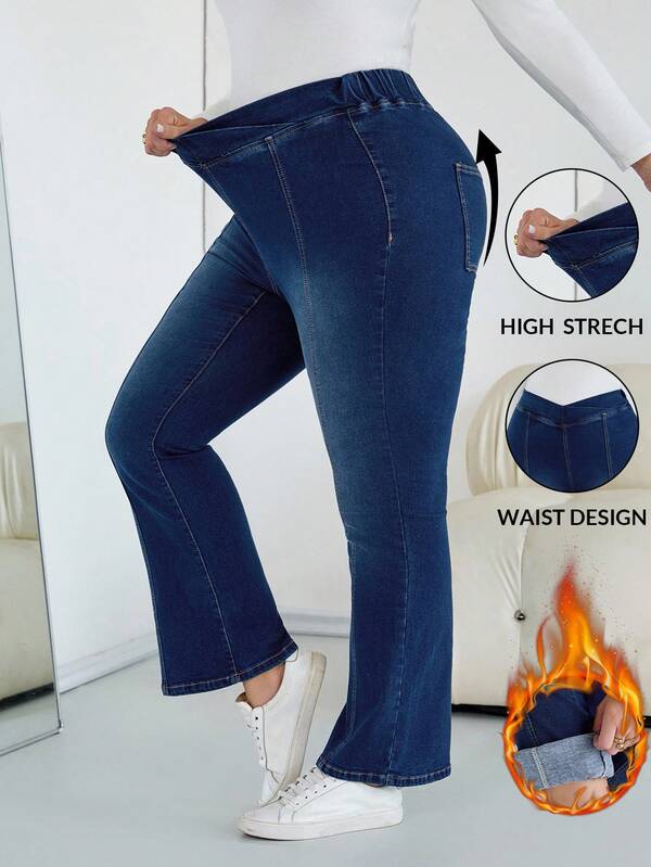 SHEIN CURVE+ Women's Dark Blue Autumn And Winter High-Elastic Fleece Flared Jeans,All Outfits For Women,Halloween Costumes, Country Style For Women, Chic Autumn