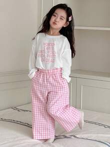 DAZY 少女口号印花长袖上衣和格子裤睡衣套装 - 粉色 - 查看 1