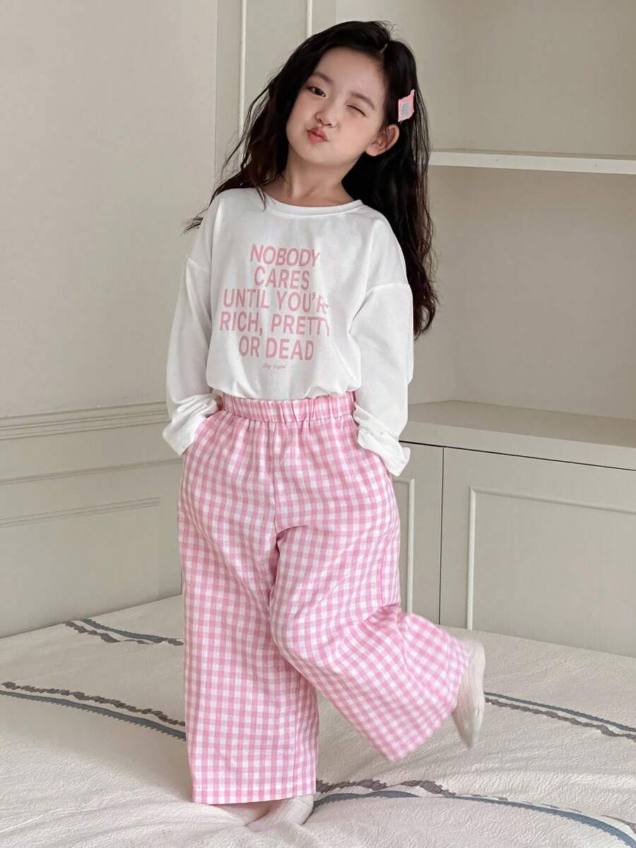 DAZY 少女口号印花长袖上衣和格子裤睡衣套装 - 粉色 - 查看 1