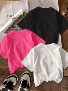 Attitoon 3 件套休闲简约心形和英文字母印花圆领短袖短款紧身女式 T 恤 - 彩色 - 查看 2